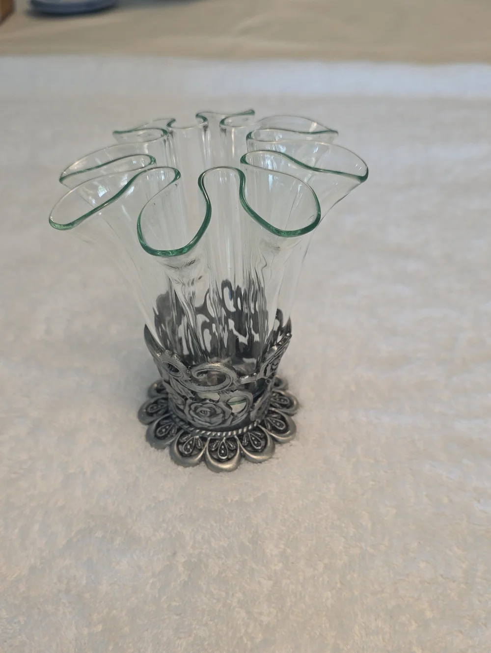 Clear Art Glass Bud Vase with Decorative Metal Base